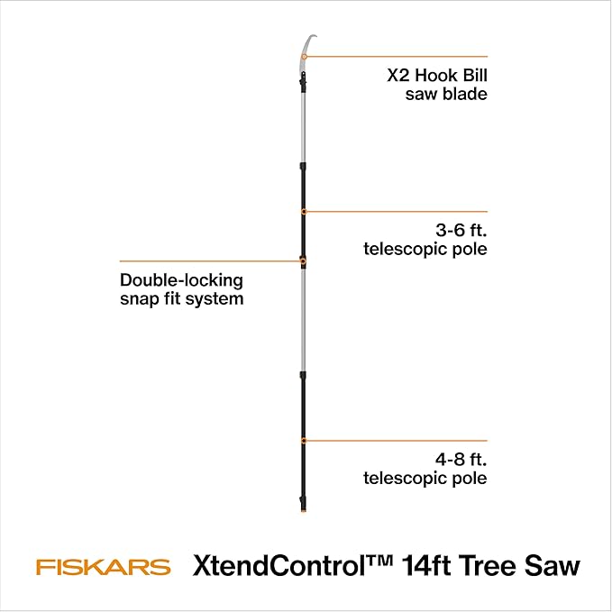 Fiskars XtendControl 14' Tree Pruner with 15" X2 Hook Bill Saw, Two Extension Poles (3-6 Ft and 4-8 Ft), Triple-Grind Blade for Fast Cutting, Lightweight Aluminum Pole Saw, Orange