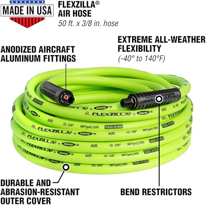 Flexzilla Open Face Retractable Air Hose Reel, 3/8 in. x 50 ft., Heavy Duty, ZillaGreen - L8611FZ & Air Hose, 3/8 in. x 50 ft., 1/4 in. MNPT Fittings, Heavy Duty, Lightweight, Hybrid, ZillaGreen