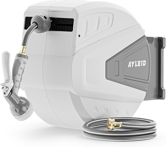 Ayleid Retractable Garden Hose Reel,1/2 in x 130 ft Wall Mounted Hose Reel, with 9- Function Sprayer Nozzle, Any Length Lock/Slow Return System/Wall Mounted/180°Swivel Bracket (Gray)