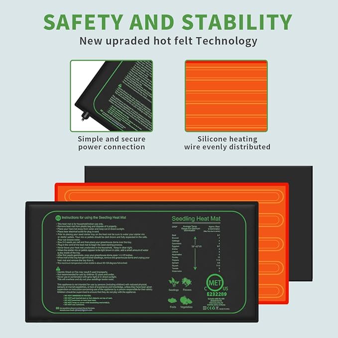 2 Pack Seedling Heat Mat for Seed Starting, 10" x 20.75" 21W Waterproof Heating Pad for Indoor Tray Plants,Safe & Durable Warm Mats for Hydroponics Germination