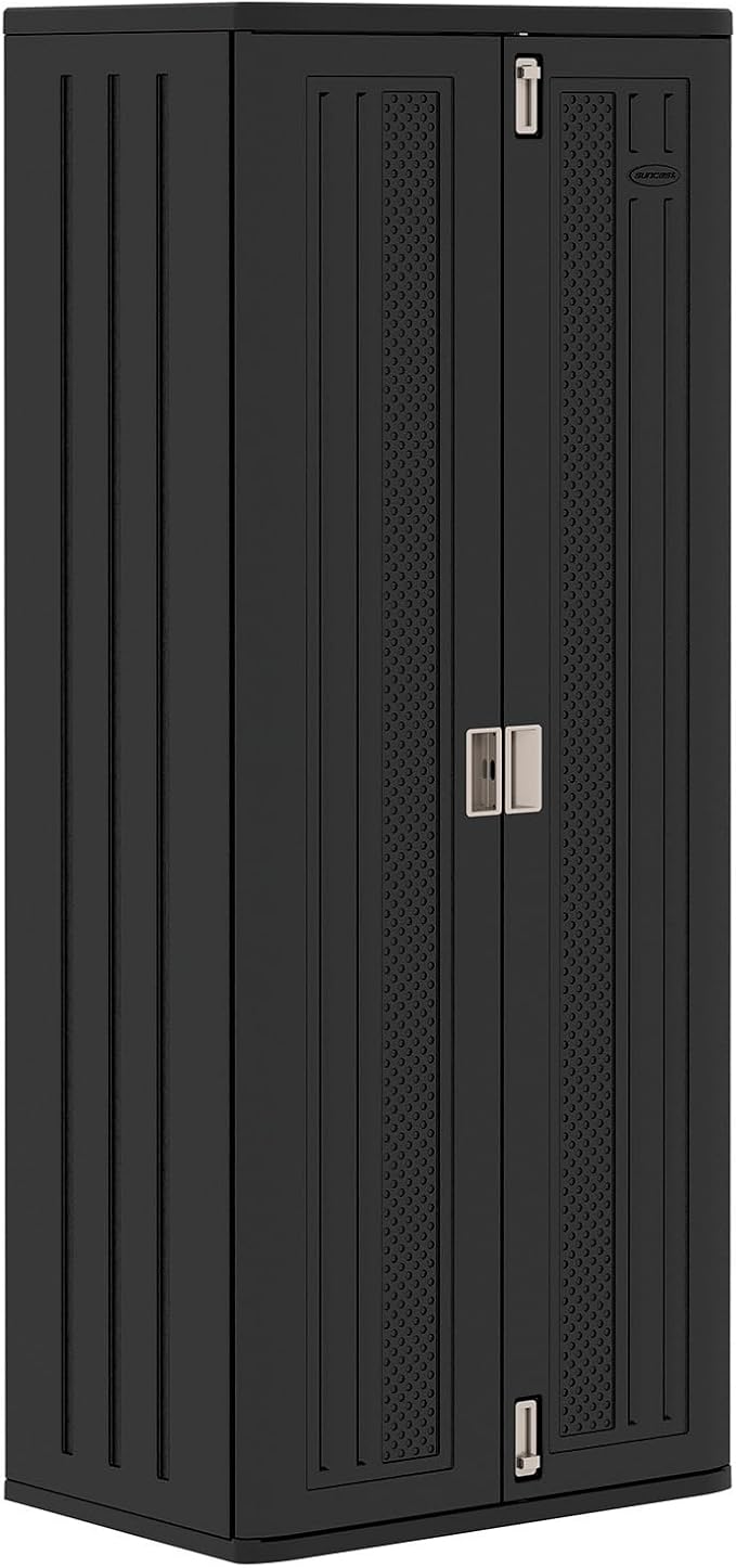 Suncast Tall Storage Cabinet, Black Resin Outdoor & Garage Storage Cabinet with Doors & Shelves, Plastic, Weather-Resistant, Lockable, Freestanding Utility Closet for Tools & Supplies, Made in USA