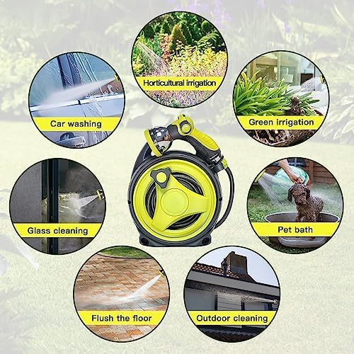50ft Retractable Garden Hose Reel, Portable Hose Reel, 45+5FT with 10 Patterns Spray Nozzle, Adapts to standard US hose plugs, 50FT Hose Reel for Garden Watering Car Washing Pet -Green