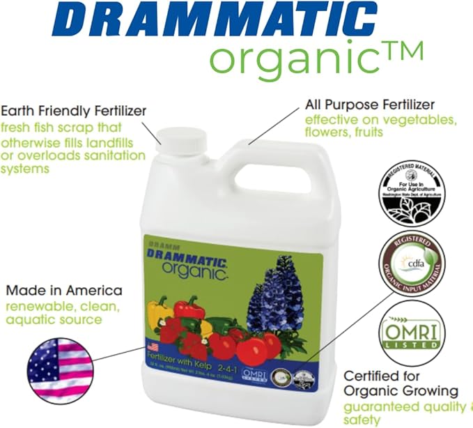 Dramm Drammatic® Organic™ Original Fertilizer 2-4-1, Hydrolyzed Liquid Fish Fertilizer, for Vegetables, Flowers, and Fruits, 1 Gallon, OMRI Listed, Vegetable, Flowers, Fruit, 1 Gallon