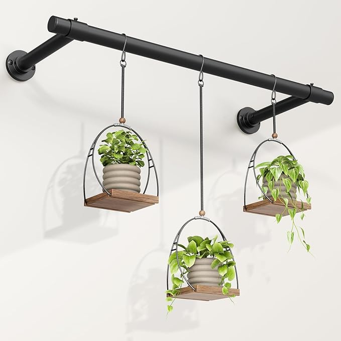 Window Plant Hanger Indoor, 48 Inch Heavy Duty Plant Hanging Rod, 1 Inch Metal Hanging Plant Holder for Window Wall, Matte Black Round Flange Base, Pot Not Included