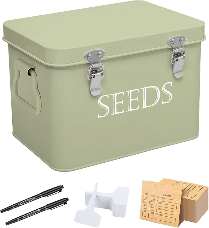 Seed Storage Box, Professional All-in-one Kit with 2 Pens, 20 Plant Labels and 50 Seed Envelopes, Metal Storage Organizer, Saving Box, Seed Packet Container, Green