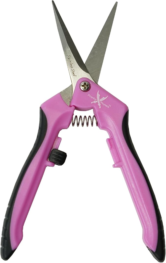 Piranha Pruner Trimming Scissors Garden Shears, Plant Trimmers, Gardening Hand Tools, Curved Stainless Steel Blade, Pink Handle