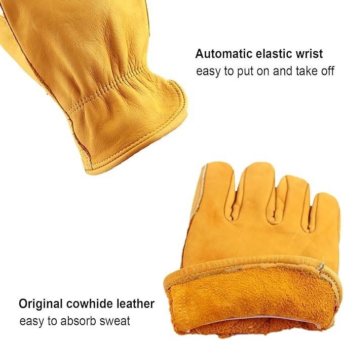 OZERO Gardening Work Gloves Men,Insulated Heavy Duty Cut Resistant Thorn Proof Leather Cowhide Gloves for Driving Welding