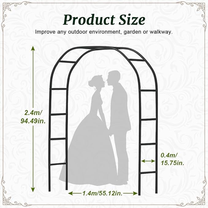 Zhisheng Metal Pergola Arch Garden Arbor Frame Outdoor Wedding Party Climbing Plants Trellis 7.9ft Wide X 6.4ft High Or 4.9ft Wide X 7.9ft High, for Halloween Bridal Party Decoration, Black