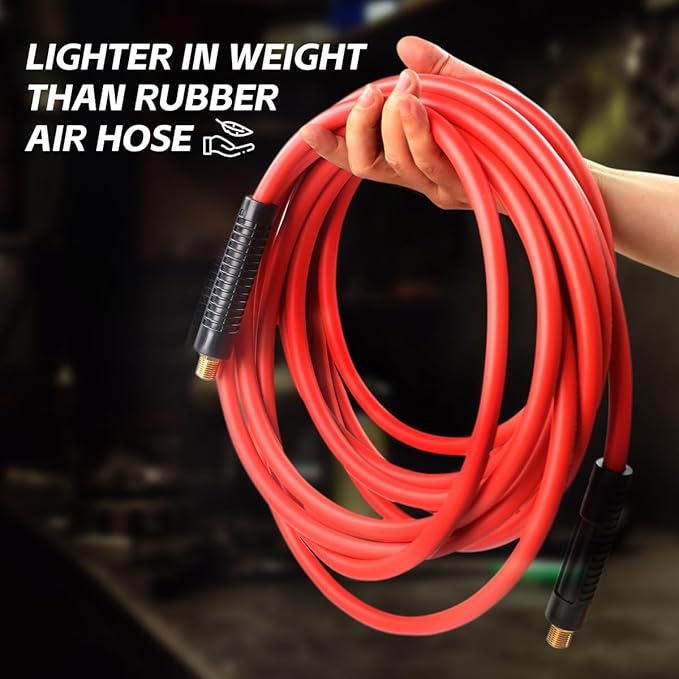 MaxWorks 80784 1/4" x 25ft Hybrid Polymer Air Hose – 300 PSI Maximum Working Pressure, All-Weather Flexibility, Lightweight, Non-Kinking, No-Memory Hose with Solid Brass Fittings