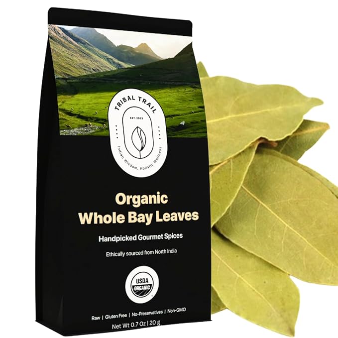 Tribal Trail Organic Bay Leaves Whole | 0.71 oz | USDA Organic & Non-GMO | Ethically Sourced Spices from North India | Recyclable Kraft Bags | Best for Cooking, Seasoning & Infusions