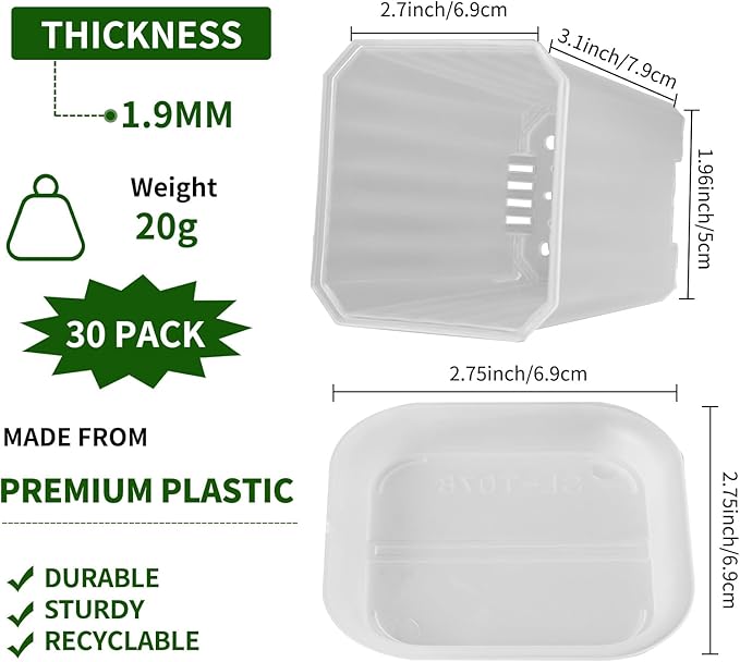 foxany 3 Inch Clear Nursery Pots, 30 Pcs Thick Plastic Plant Pot, Square Flower Planting Pots Variety Pack, Seedling Planter Starter Pots with Saucers for Garden