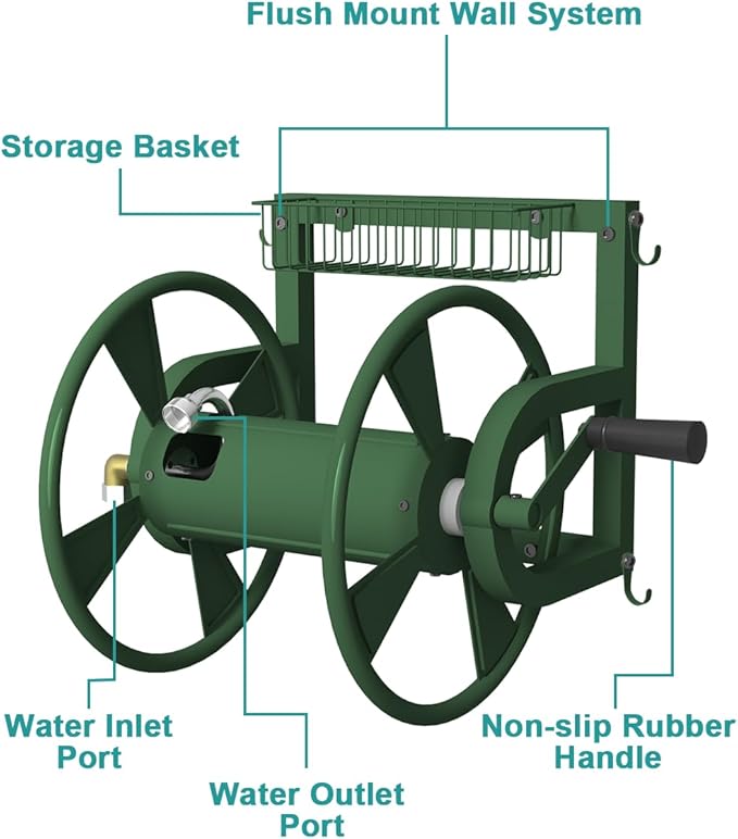 Outdoor Wall Mounted Hose Reel with Hook, Garden Heavy-Duty Water Holder Winder with 3.9 ft Leader Hose, Brass Fitting and Storage Basket for Yard, Holds 125 Ft of 5/8-Inch Hoses, Green