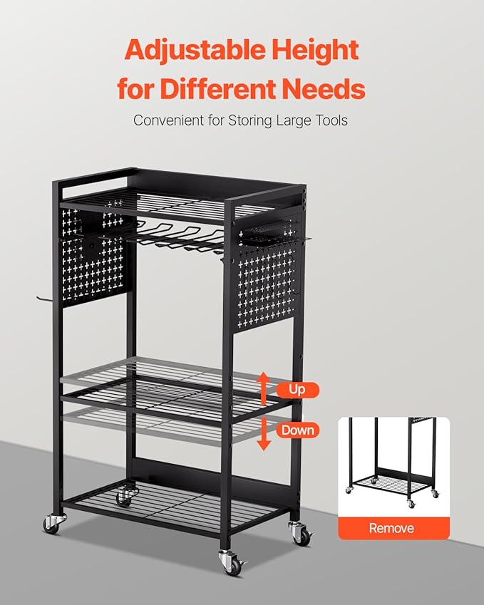 VEVOR 4-Tier Tool Organizer Cart, 150 lbs Load Capacity, Floor Stand Rolling Drill Holder and Stability Storage Rack, Heavy Duty Garage Floor Rolling Storage Cart for Workshop, Garage, Black