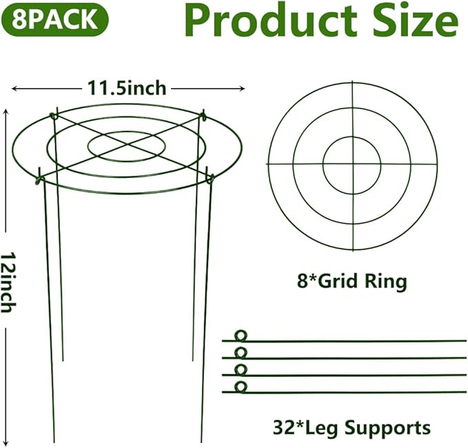 DAYUMKOU 8 Pack Peonies Cages and Supports, 11.5" Wide x 12" High Plant Support Stakes, 4 Legs Plant Cages & Supports with Removable Grid for Peonies Roses Tomato Hydrangea Strawberry