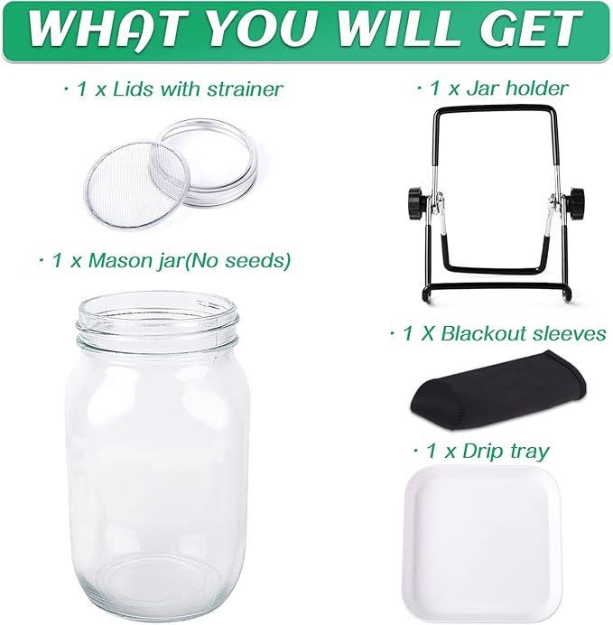 Kikerike Seed Sprouting Jar Kit with 1 Wide Mouth Mason Jars Bean Sprouts Growing Kit Microgreens Growing Jar with Mesh Screen Lids Sprouter Sprouts Maker for Growing Broccoli, Alfalfa, Mung Bean
