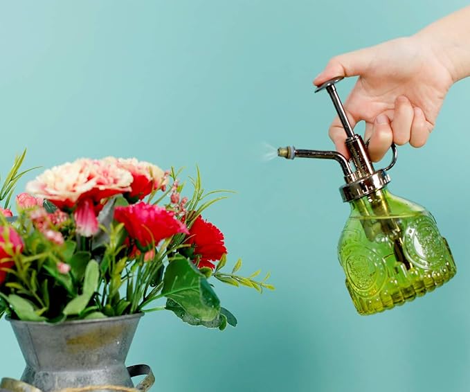 Hniuyun Glass Plant Mister Spray Bottle, 6.4 all Vintage Plant Spritzer Watering Can, Bronze Plastic Top Pump, Plant Mister Glass Watering Garden Tool (Yellow)