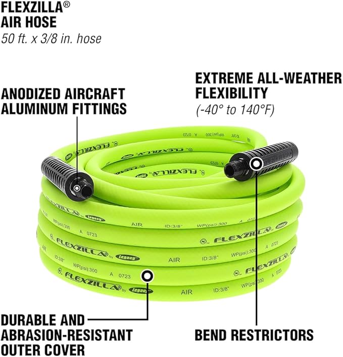 Flexzilla Air Hose, 3/8 in. x 50 ft., 1/4 in. MNPT Fittings, Heavy Duty, Lightweight, Hybrid, ZillaGreen - HFZ3850YW2