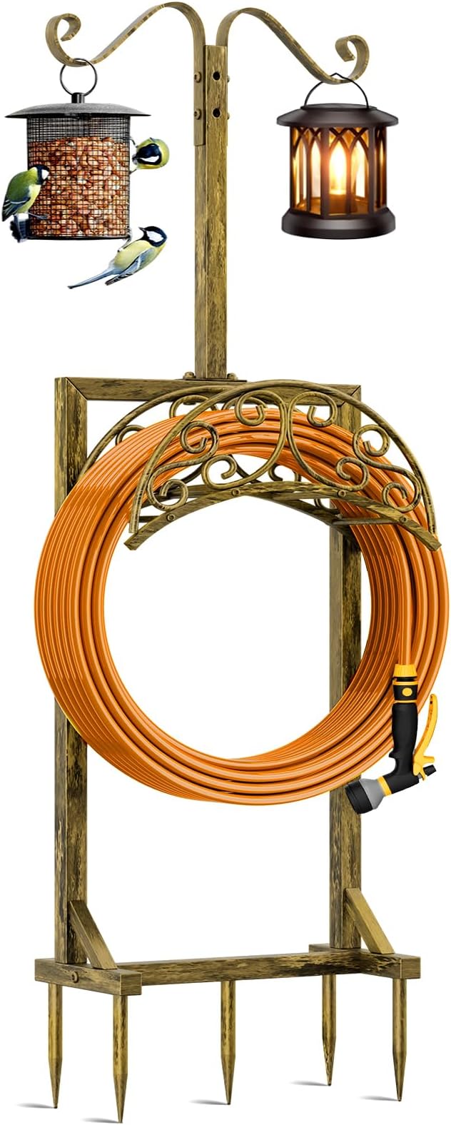 Garden Hose Holder - Upgraded Water Hose Holders for Outside with 5 Spikes & 2 Shepherds Hooks, Freestanding Hose Stand Hose Hanger Hose Storage Hose Reel Rack for Yard Lawn(Antique Golden)