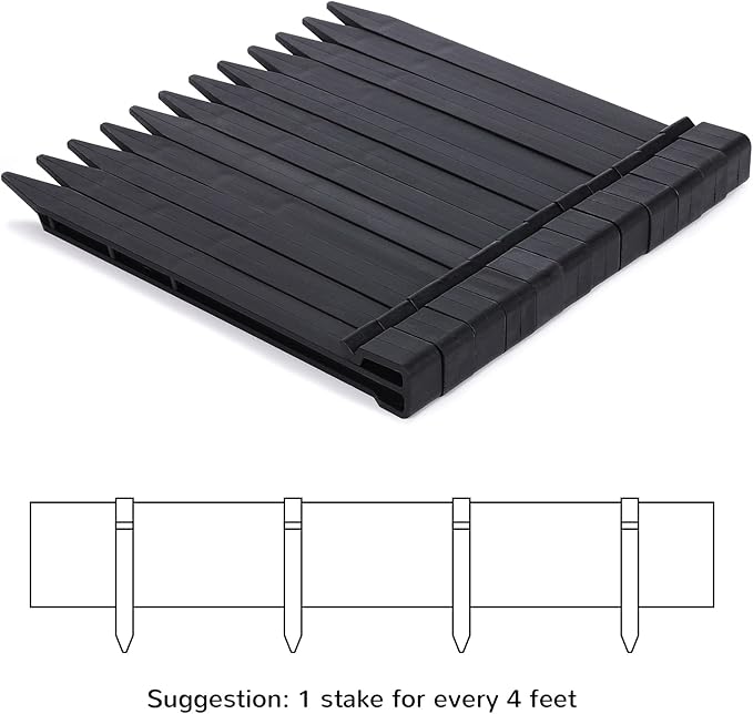 A ANLEOLIFE Black Plastic Garden Landscape Edging, 5” Tall Border Coil, Flexible and Strengthened with Anti-UV Treatment (20ft with 6pcs Stakes)