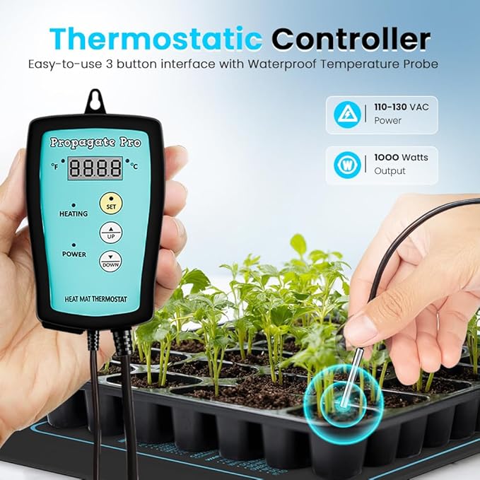 Seedling Heating Mat | Fits (1) Standard 1020 Tray | Germination Grow Heat Pad for Seed & Starter Plants Soil Warmer for Indoor Home Gardening (10x20 Double + Heating Thermostat)