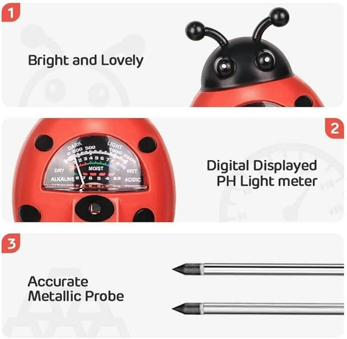 3-in-1 Soil Tester, Red Ladybug Shape Soil pH Meter 3-in-1 Moisture Light Soil Tester PH Hygrometer Garden Plant Stake Gardening Tool for Garden Farm Lawn Indoor Outdoor
