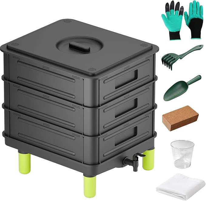 3-Layer Worm Composter, 50L(13.21Gal) Worm Compost Bin for Indoor & Outdoor, Worm Farm Starter Kits for Vermicomposting Starter, Garden Composting Bin for Recycling Food Waste (Black)