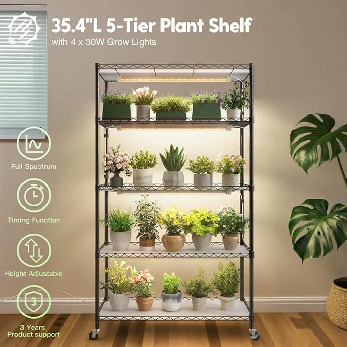 FREELICHT DIY Plant Shelf with Grow Light, 5-Tier, 2FT 5000K 120W(4x30W), Full Spectrum, Metal Plant Stand with Adjustable Rack and Wheel, LED Grow Lights with Timer for Seed Starting 35.4x13.8x61.5IN
