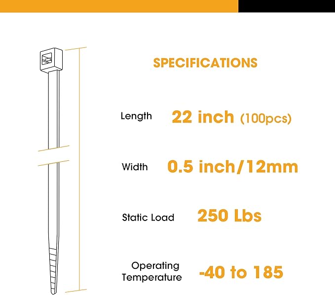 Zip Ties Heavy Duty, 100Pack 22 Inch Long Cable Ties，300 LBS Tensile Strength 0.5 Inch Width，Extra Large Wire Ties