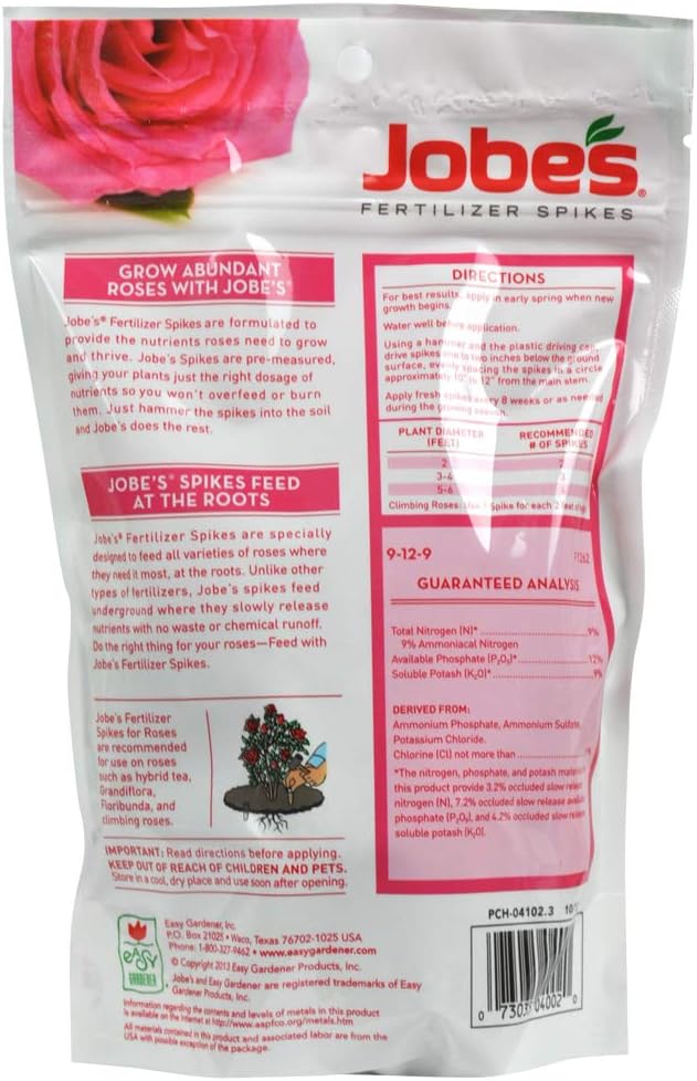 Jobe's Rose Fertilizer Spikes, Easy Plant Care Plant Fertilizer for Rose, Hydrangea, Hibiscus, Azalea, and Other Flowering Shrubs, 10 Count