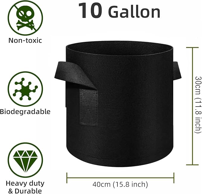 24 Pack 10 Gallon Plant Grow Bags, Thickened Nonwoven Fabric Pots with Handles, Vegetable Planter Bags Containers, Cloth Planters for Garden Vegetable/Flower/Plant/Fruits Outdoor (Black)