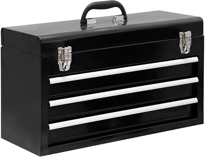 3 Drawer 20“ Metal Tool Box Portable Steel Tool Chest with Metal Latch Closure for Garage, Home and Workbench,Black