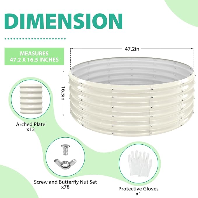 17" Tall Round Outdoor Garden Raised Garden Bed Kits-0.8MM Thick Metal Raised Planter Bed/Ground Planter Box for Variety of Flowers,Herbs,Vegetables,Trees (Cream White, 48 Dia X 16.5inches)