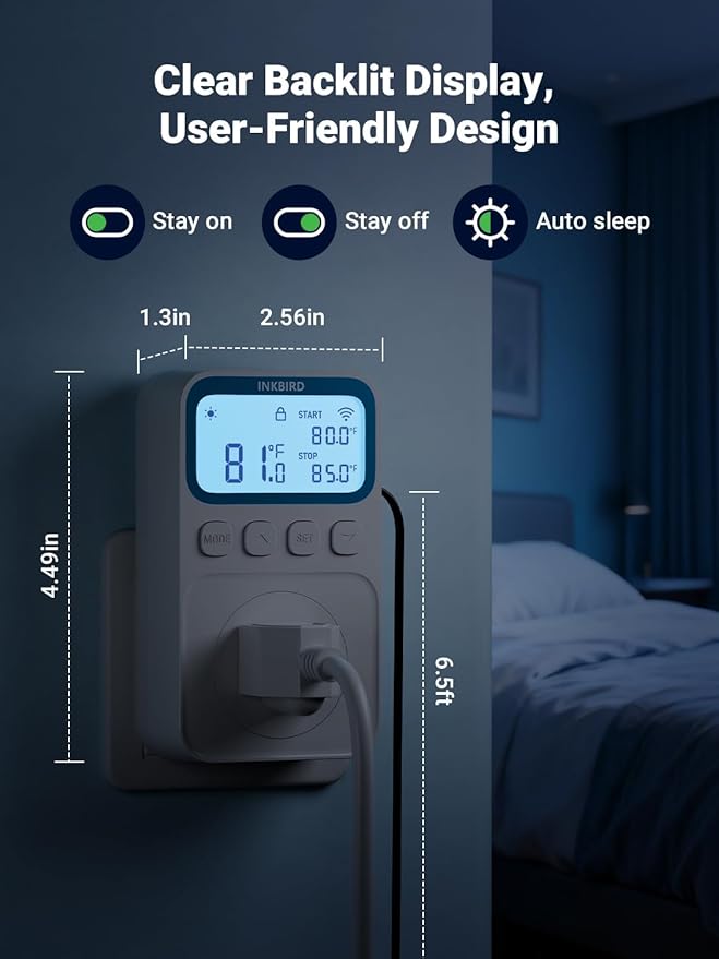 WiFi Plug in Thermostat Outlet, Temperature Controlled Outlet Space Heater, Duration Timer & Smart Memory Digital Temp Controller -40~212℉, IP67 Waterproof Probe for Incubator Homebrew Reptile