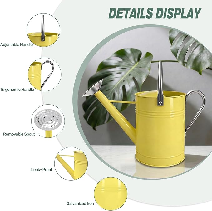 Metal Watering Can for Outdoor Plants, 1.7 Gallon Yellow Garden Watering Can for Flower, Houseplants, Galvanized Finish