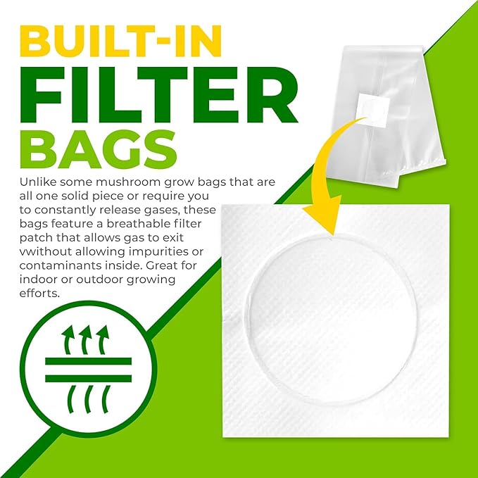 Reinforced Mushroom Grow Bags, 10 Count, Oyster Spawn and Grain Root Substrate Growing Kit with 0.2 Micron Filter, Heavy Duty 3 Mil Polypropylene Plastic