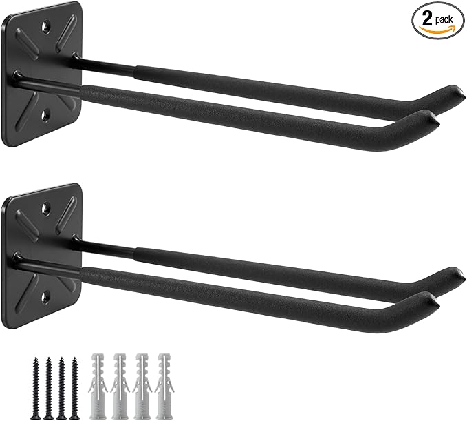 Sinoer Heavy Duty Double Garage Hooks 12.44 Inch Wall Mount Utility Hooks, Tool Organizer for Ladders, Bikes, Tires, Garden Tools & Strollers (2 Pack)