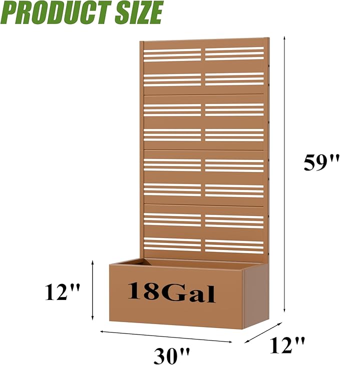 Casaphoria Metal Raised Garden Bed with Trellis, 59"x30"x12" Planter Box for Climbing Plants, Vegetables & Vines, Features Drainage Holes and Privacy Screen, Brown-Harold