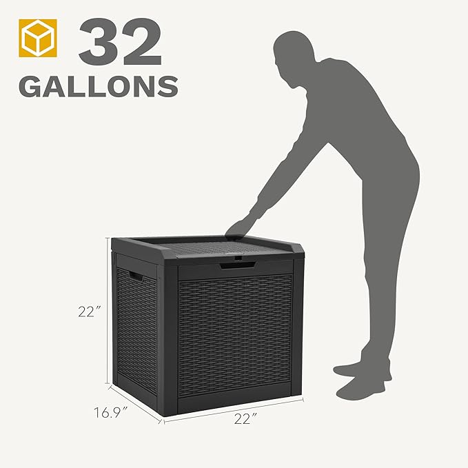32 Gallon Indoor Outdoor Storage Box, Resin Rattan Small Deck Box for Patio Furniture, Cushions, Garden Tools, Sports Equipment,Black