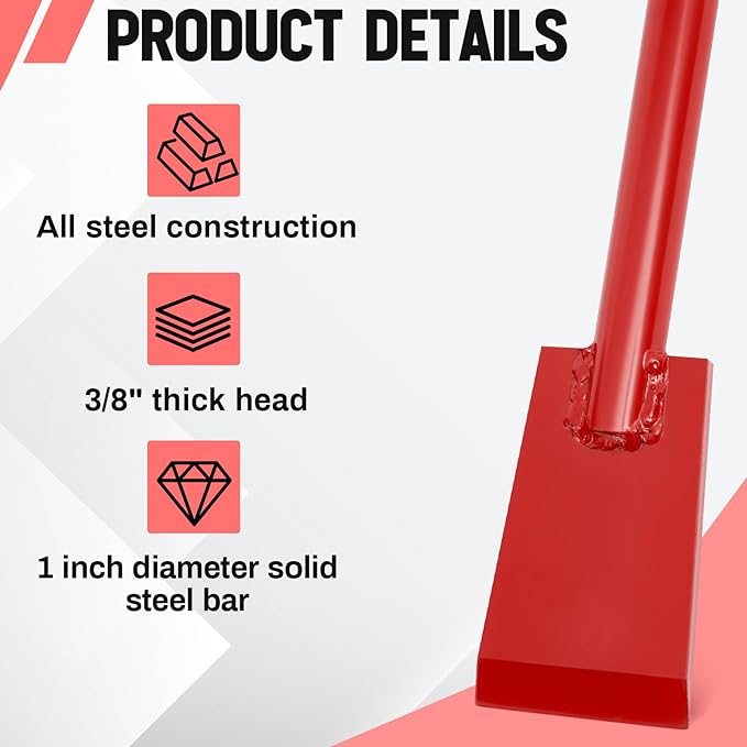 48 Inch Tamping and Digging Bar Steel Bars Post Hole Digger Tamping Bar (Shovel Shape, Red)