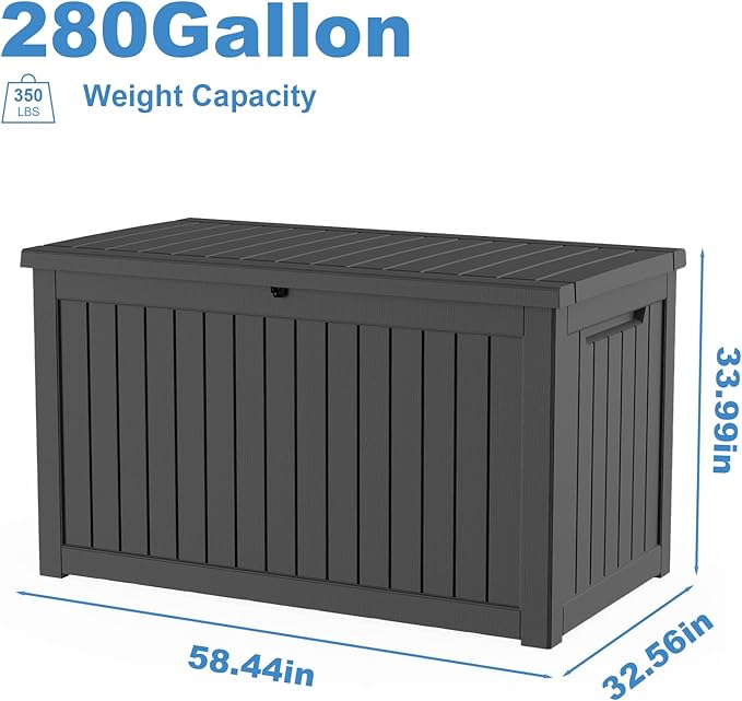 Outdoor Waterproof Resin Storage Deck Box Lockable Outside Bench UV Resistant Bin Patio Porch Furniture Pool Float Garden Tool Cushion (Black, 280 Gallon)