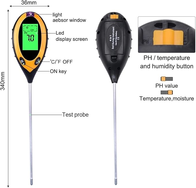 4 in 1 Soil PH Meter Moisture Monitor Temperature Sunlight Tester with Blacklight