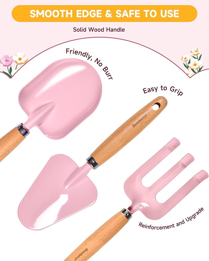 Kids Gardening Tool Set Toys - 8 Pieces Quality Garden Kit for Toddlers & Kids with Shovels, Rake, Watering Can, Hat, Apron, Gloves & Storage Bag (Pink Flower)