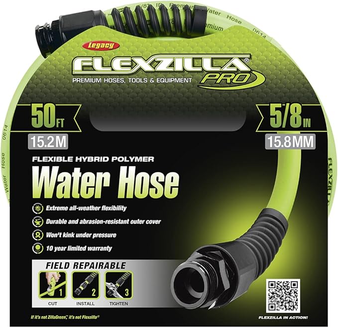 Flexzilla Pro Water Hose with Reusable Fittings, 5/8 in. x 50 ft., Heavy Duty, Lightweight, ZillaGreen - HFZWP550-E