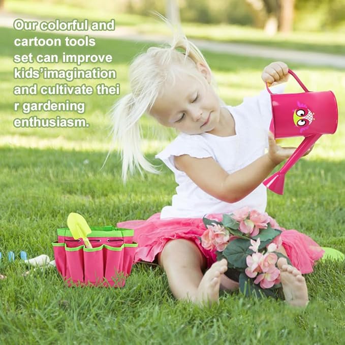 Kids Gardening Tools Kit Includes Sturdy Tote Bag, Watering Can, Gloves, Shovel, Rake, Fork - Children Garden Tool Set -Boy Girls Birthday Gifts (Pink)