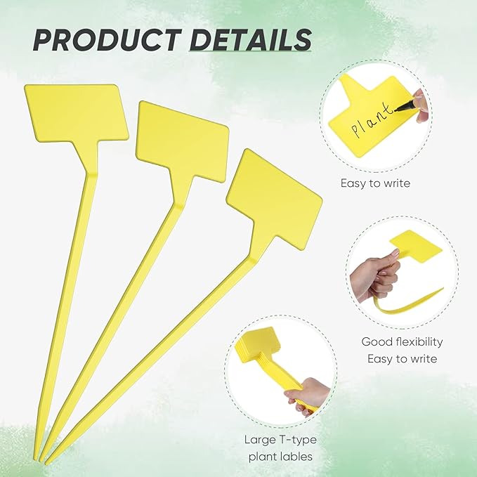 Yinkin 100 Pcs Large Plant Label Signs 11.8 Inch Plant Markers Plastic Garden Label Stakes Waterproof T Type Tags Nursery Garden Signs with Marker Pen for Flower Herb Pot(Yellow)