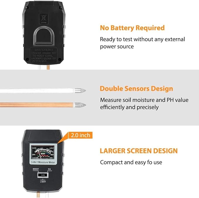 3-in-1 Soil pH, Moisture & Light Meter – No Battery Needed | Accurate & Easy-to-Use Plant Tester for Garden, Lawn & Indoor Plants | Dual Probe Design for Fast & Reliable Readings
