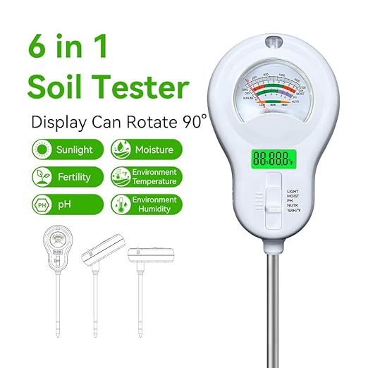 Soil Tester 6-in-1 Soil Moisture Meter Sunlight/Moisture/Fertility/PH/Environment Temperature/Environment Humidity,Backlight LCD Display for Gardener,Lawn, Farming,Plant Care,Potting Soil Growing