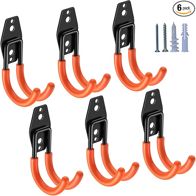 HUPBIPY Heavy Duty Garage Hooks 6 Pack, J Shaped Hanger, Wall Mounted Storage System, Power and Garden Tool Organizer, for Hanging Ladders, Bikes Tires, Hose, Bulk Items