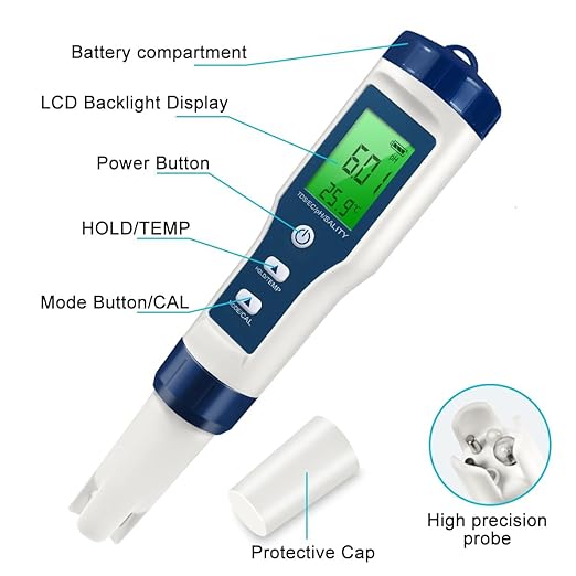5 in 1 LFS TDS Meter PH Tester, 0.01 High Accuracy Digital PH Meter for Water, PH/TDS/EC/Salt/Temp Tester, PPM Meter Water Tester for Drinking Water, Hydroponics, Plants, Aquarium and Pool