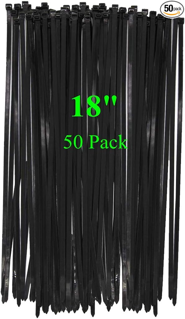 XL Long Large 18 Inch Black Cable Zip Ties Industrial Outdoor 50 Pack-120 Pounds Strong Ziptie Straps-Heavy Duty Zip Tirs Self-locking Cable Tie-Plastic Ties Garden Use(18",Black)